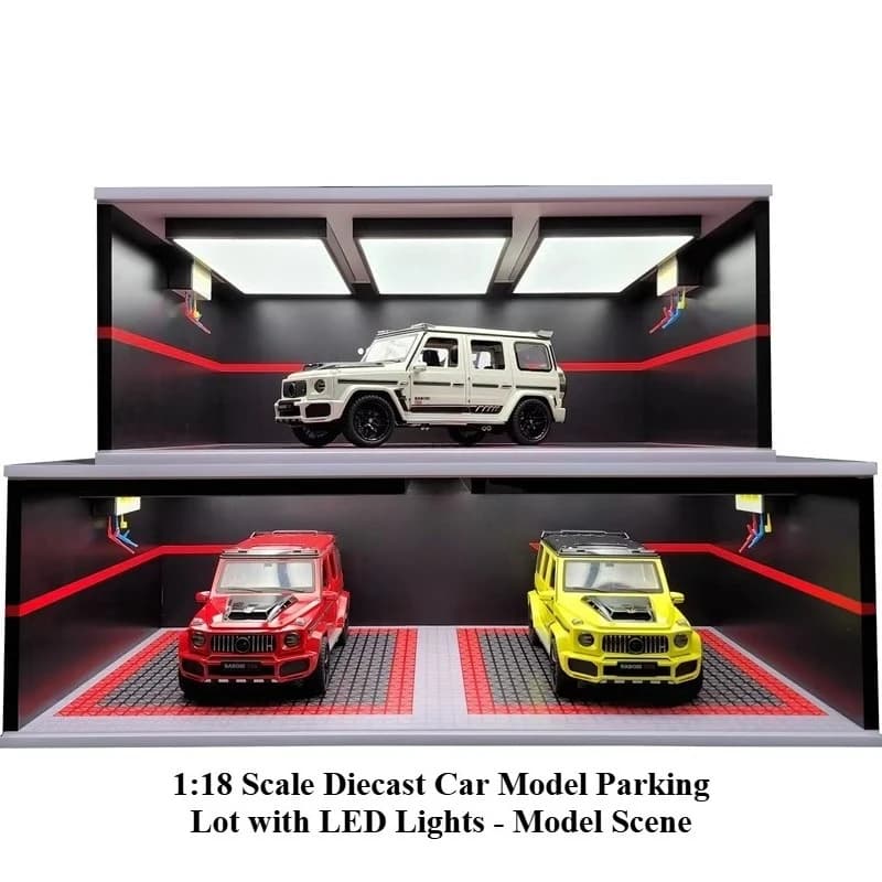 1:18 Scale RC Toy Car Parking Lot with LED Lights Model Scene Transparent Acrylic Door Dustproof Display Box Storage Cabinet