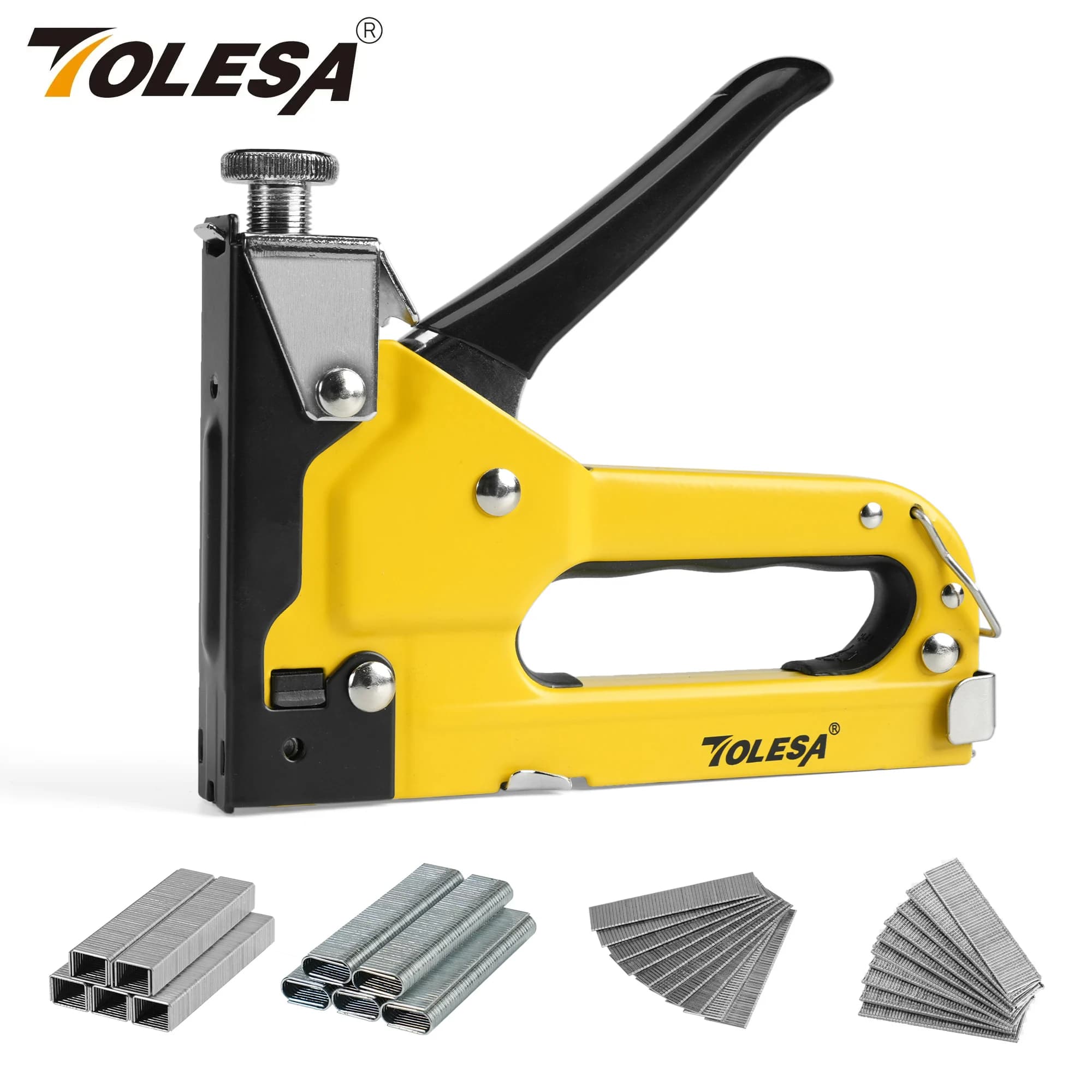 TOLESA Kit pistola per cucitrice per impieghi gravosi Pistola cucitrice manuale per tappezzeria 4 in 1 con 2000 graffette per lavori di carpenteria in legno, parete fai da te