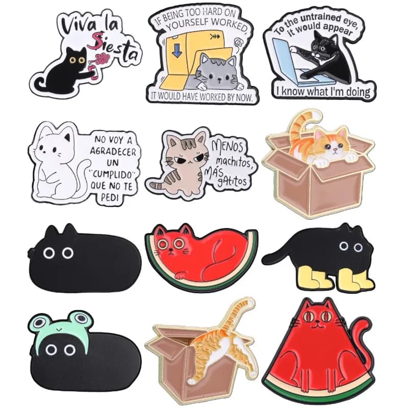 12style Cats Collection Enamel Pin Black Kitten Programmer Watermelon Brooch Spanish Quotes Badge Cute Funny Animal Jewelry