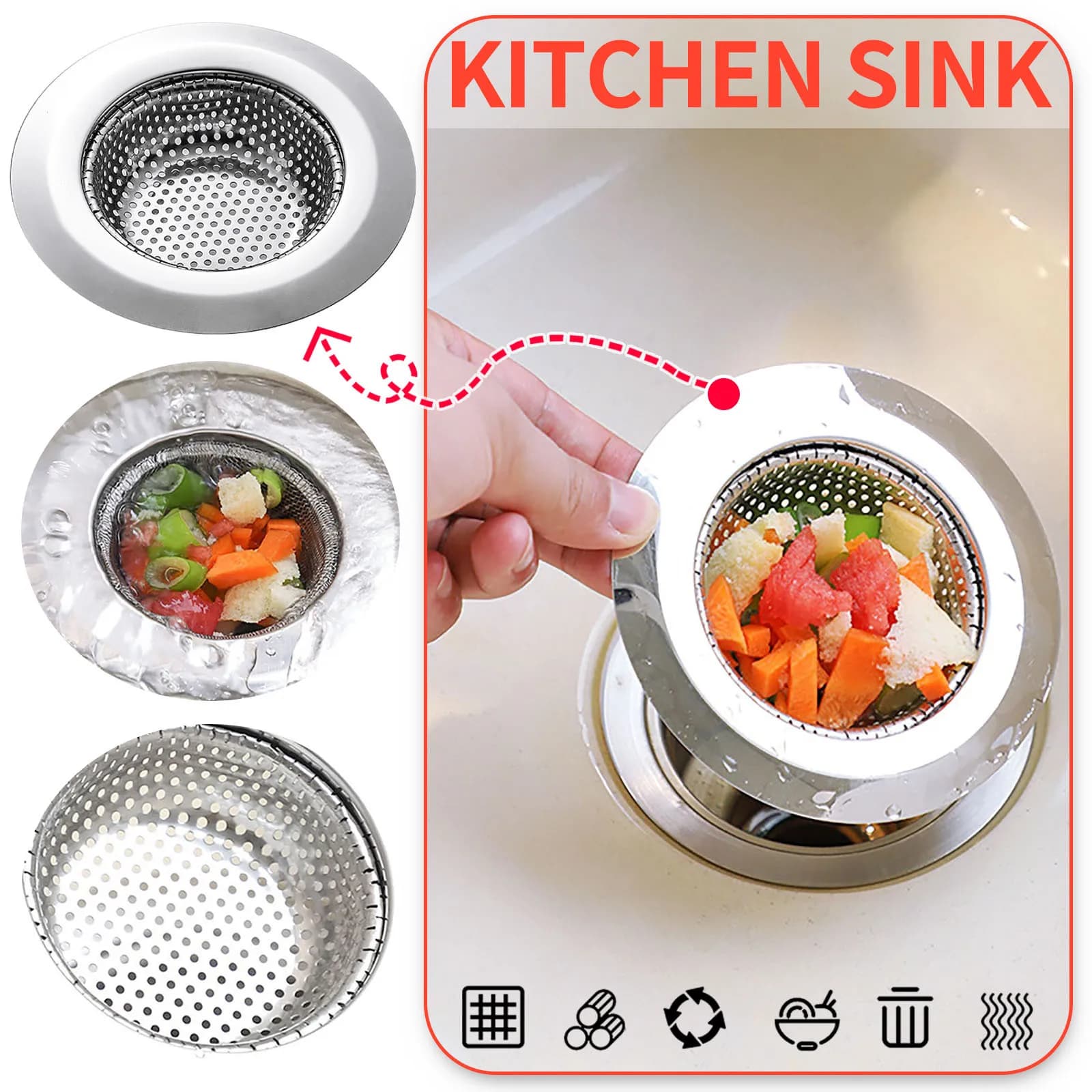 Filtro per lavello da cucina Collettore di alimenti per lavello in acciaio inossidabile per la maggior parte delle lavandini da cucina Pratico filtro per cestello per lavello Schermo per rifiuti