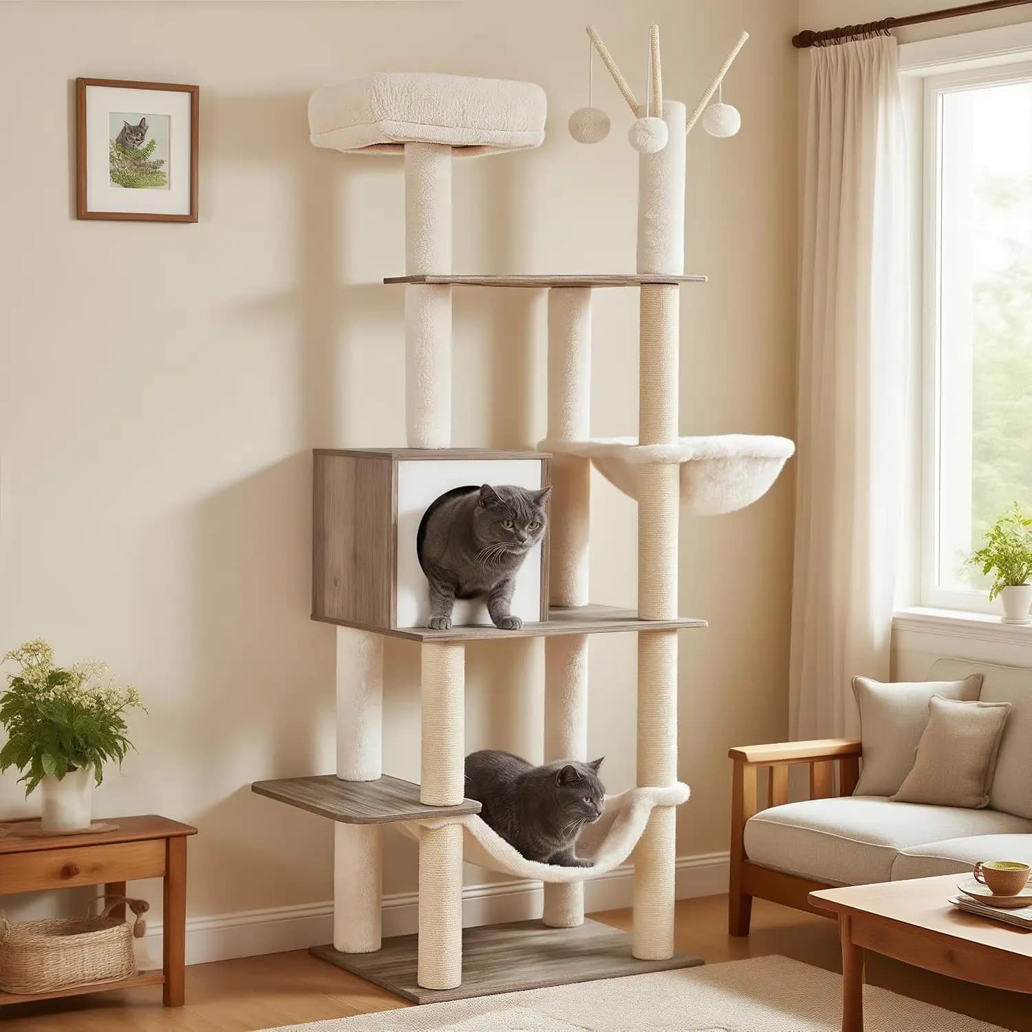 Wooden Cat Tree Tower with Hammock for Indoor Cats, MPJ120SG | 66.14 Inches Modern Scratching Post with Large Condo, Plush Top P