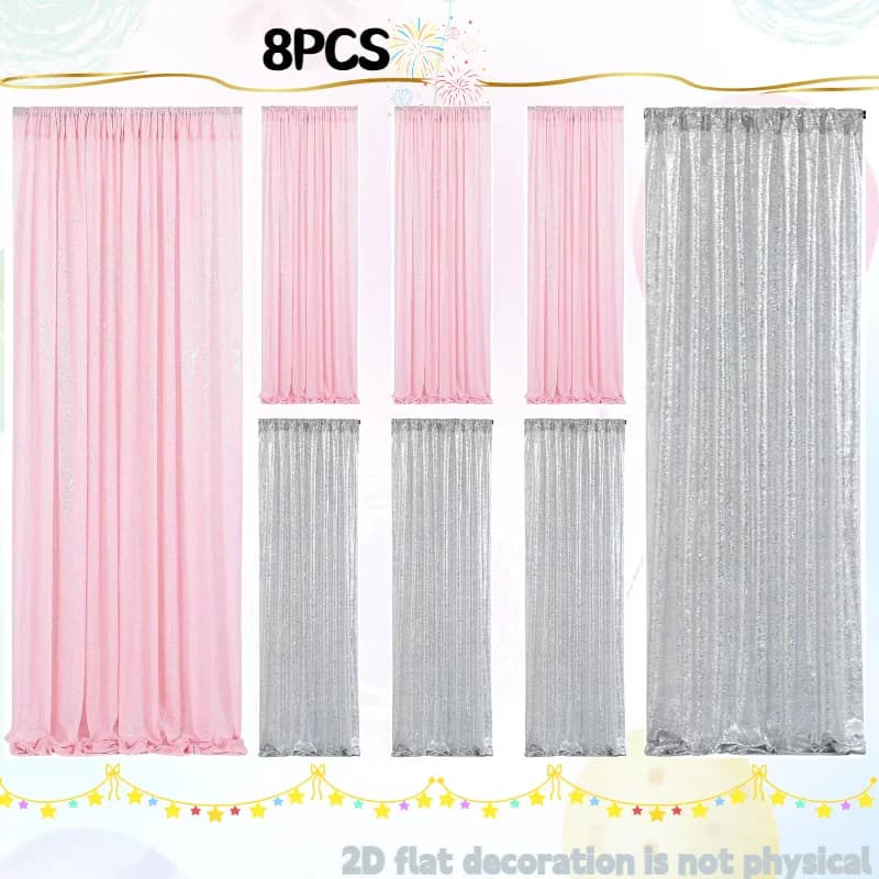 Pink&Silver Sequin Backdrop 2ftx8ft Sparkly Backdrop Curtains 8 Panels Sequin Curtain Fabric Drapes for Girls Birthday Holiday S
