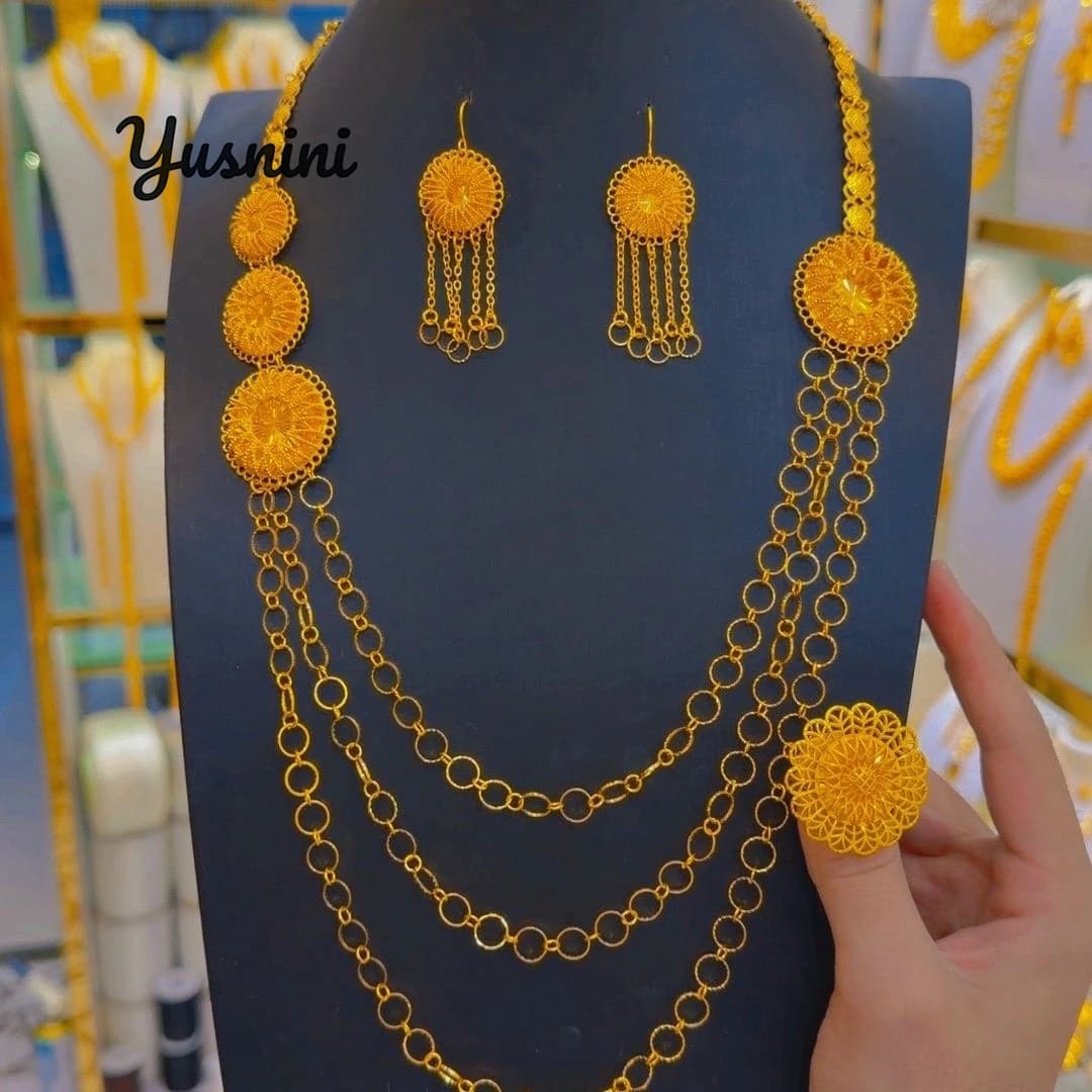 New Dubai Fashion 24K Gold Plated Necklace Earrings and Rings Exquisite Engagement Party Jewelry Set for Lovers DD11055