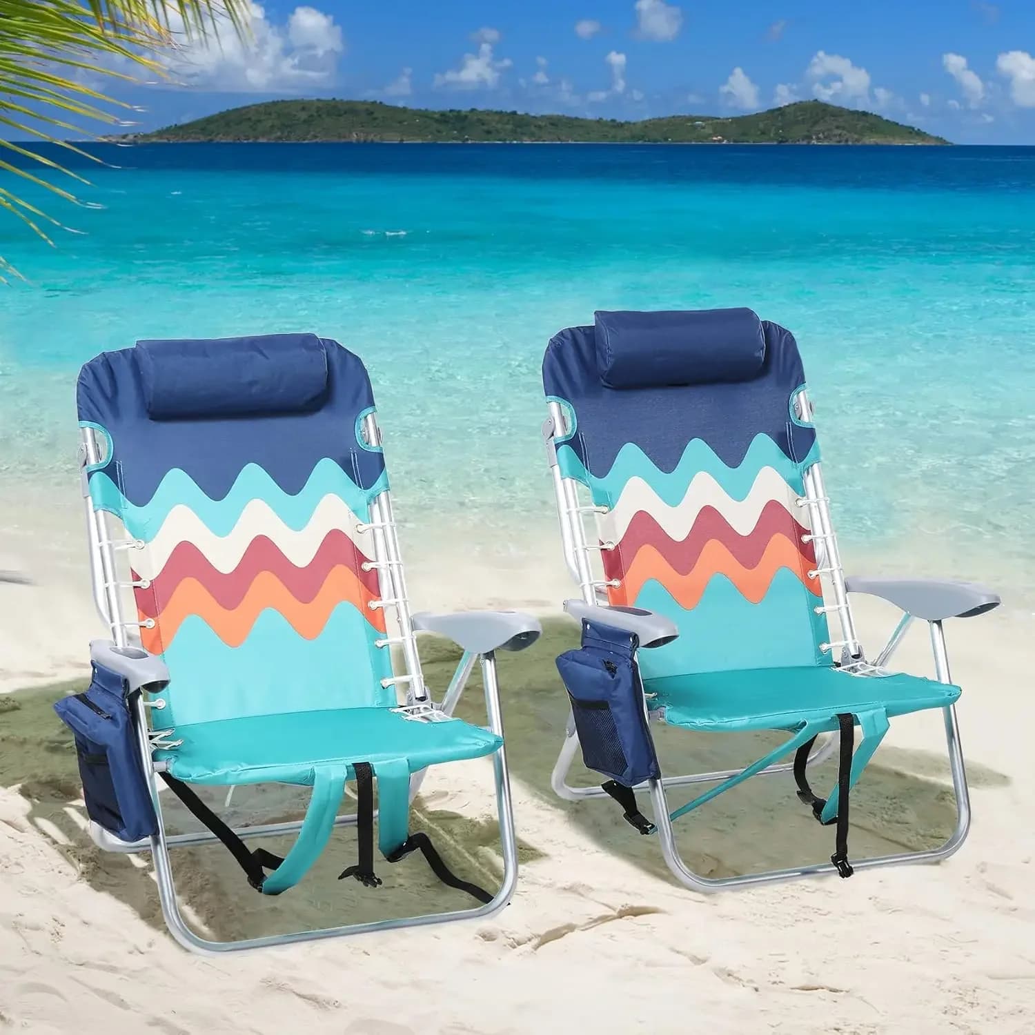 Beach Chair Set 2 Pack 4 Position Classic Lay Flat Pillow Padded Shoulder Straps Storage Pouch Towel Bar Support 250LBS Wave