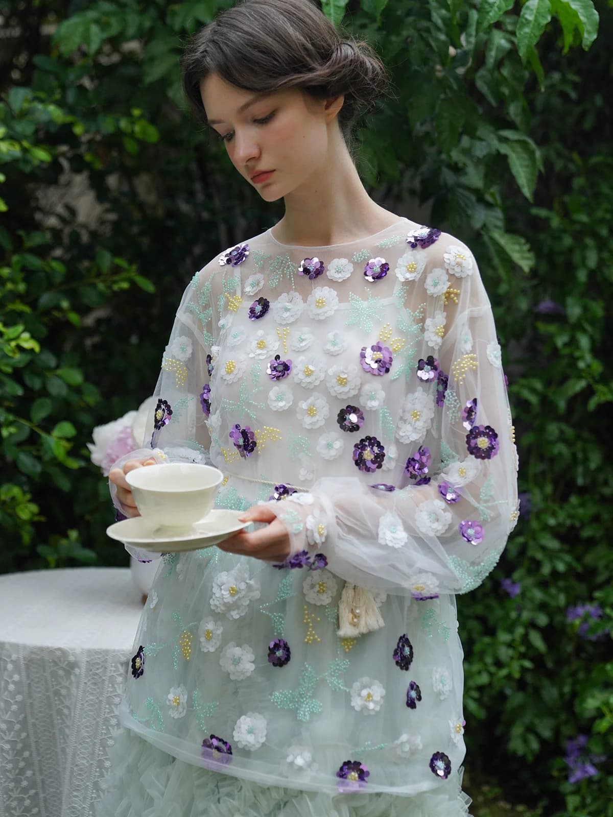 Primavera Estate Donna Viola Scala tridimensionale Fiore Abbigliamento fatto a mano Accappatoio di lusso allentato Fata Top Camicetta / Camicie