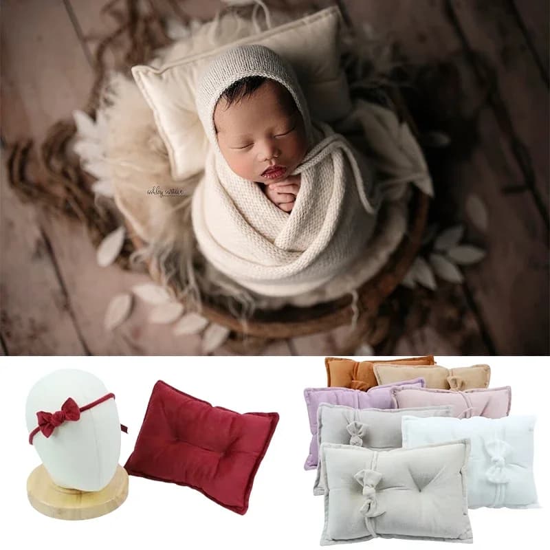 Velvet Mini Baby Pillows Newborn Photography Props Bow Tie Hairband Set Modeling Cushion Mat Sutdio Shooting Accessories