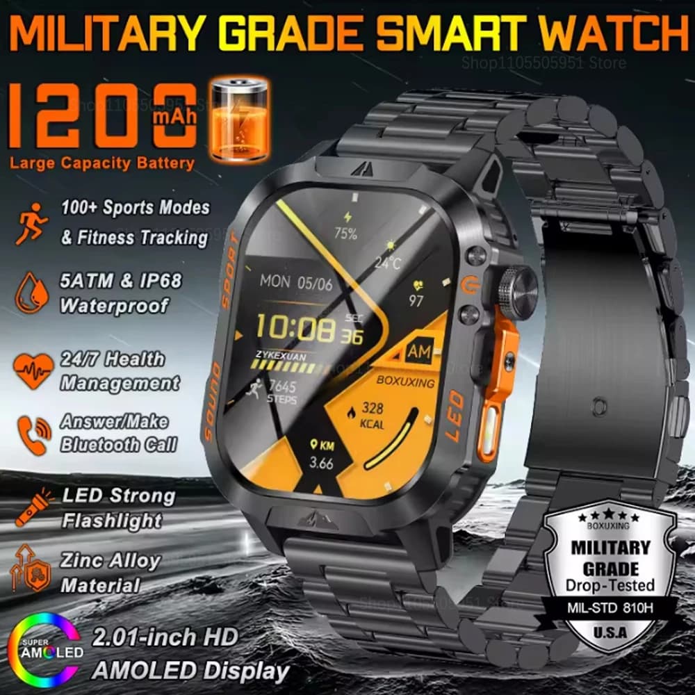 2026 New 1200mAh Battery Military Smart Watch Men Fitness Tracker 5ATM Waterproof Heart Rate Flashlight AMOLED Screen Smartwatch
