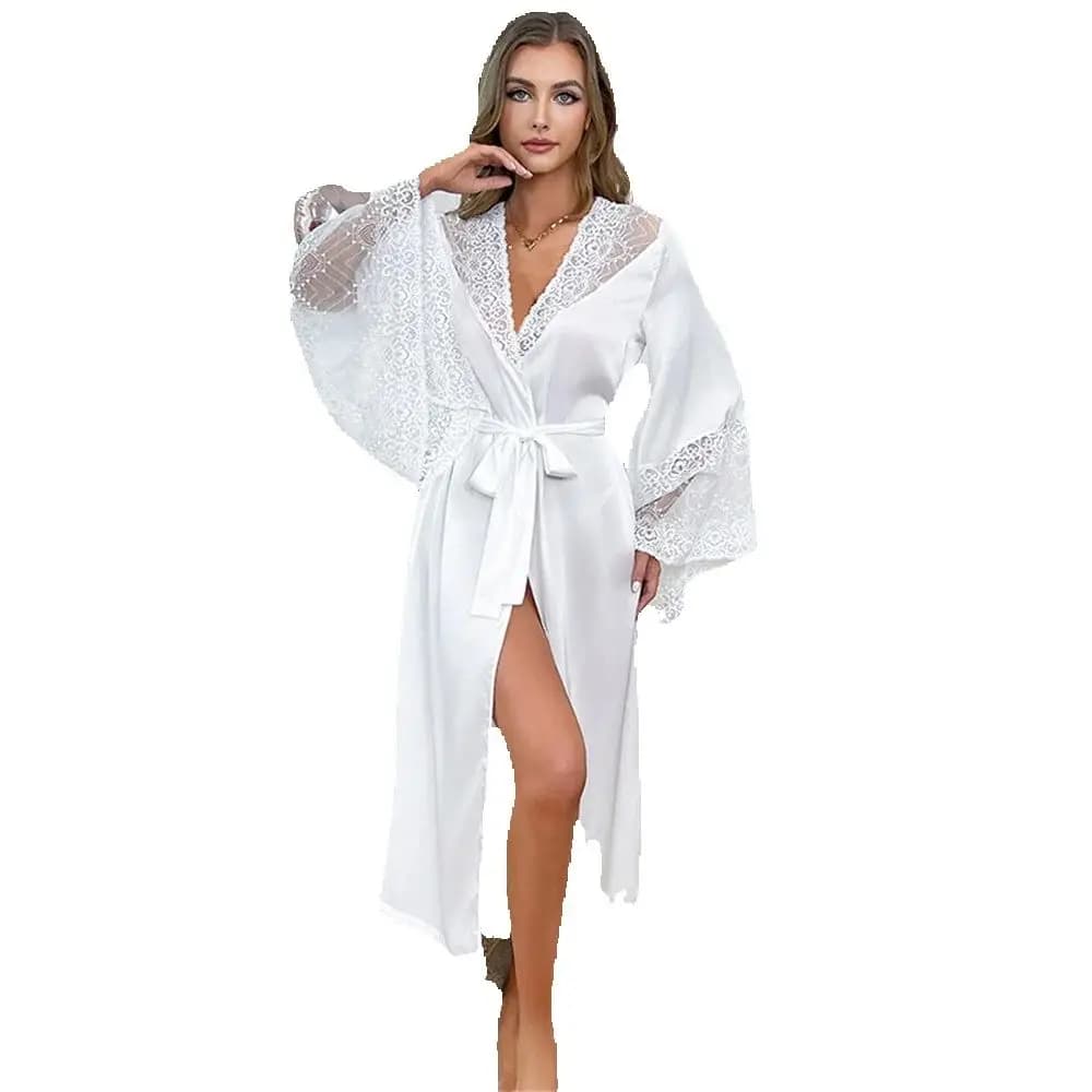 Vestaglia Lunga Bianca da Donna con Pizzo, Abito da Casa, Accappatoio Nuziale, Kimono, Regalo, Pigiama in Seta Ghiaccio, Camicia da Notte, Pigiama Ampio