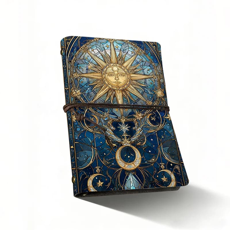Vintage Celestial Sun Moon Journal Notebook, A6 PU Leather Travel Diary with Starry Sky Pattern,Witchy Grimoire Diary Office