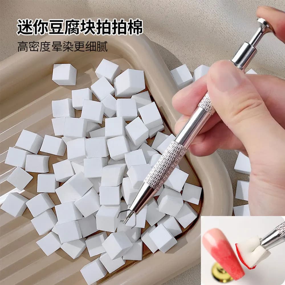 Nail Art Gradient Soft Sponge Mini Cube Nail Patting Cotton with Grabbing Pen Tool for Smudge Blending Gradient Manicure Tools