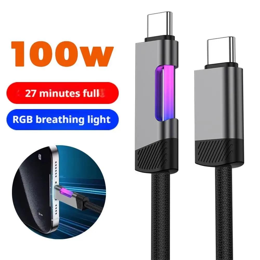 Cavo USB C a C da 100W con Luce RGB Respirante, Ricarica Super Veloce e Trasferimento Dati, 1M 2M Anti-Rottura per iPhone Huawei Samsung Xiaomi