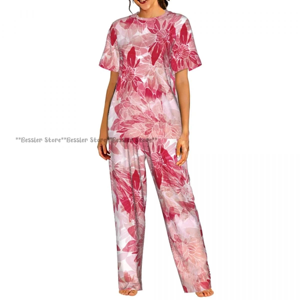 Set pigiama rosa con crisantemo, abbigliamento da casa da donna a maniche corte
