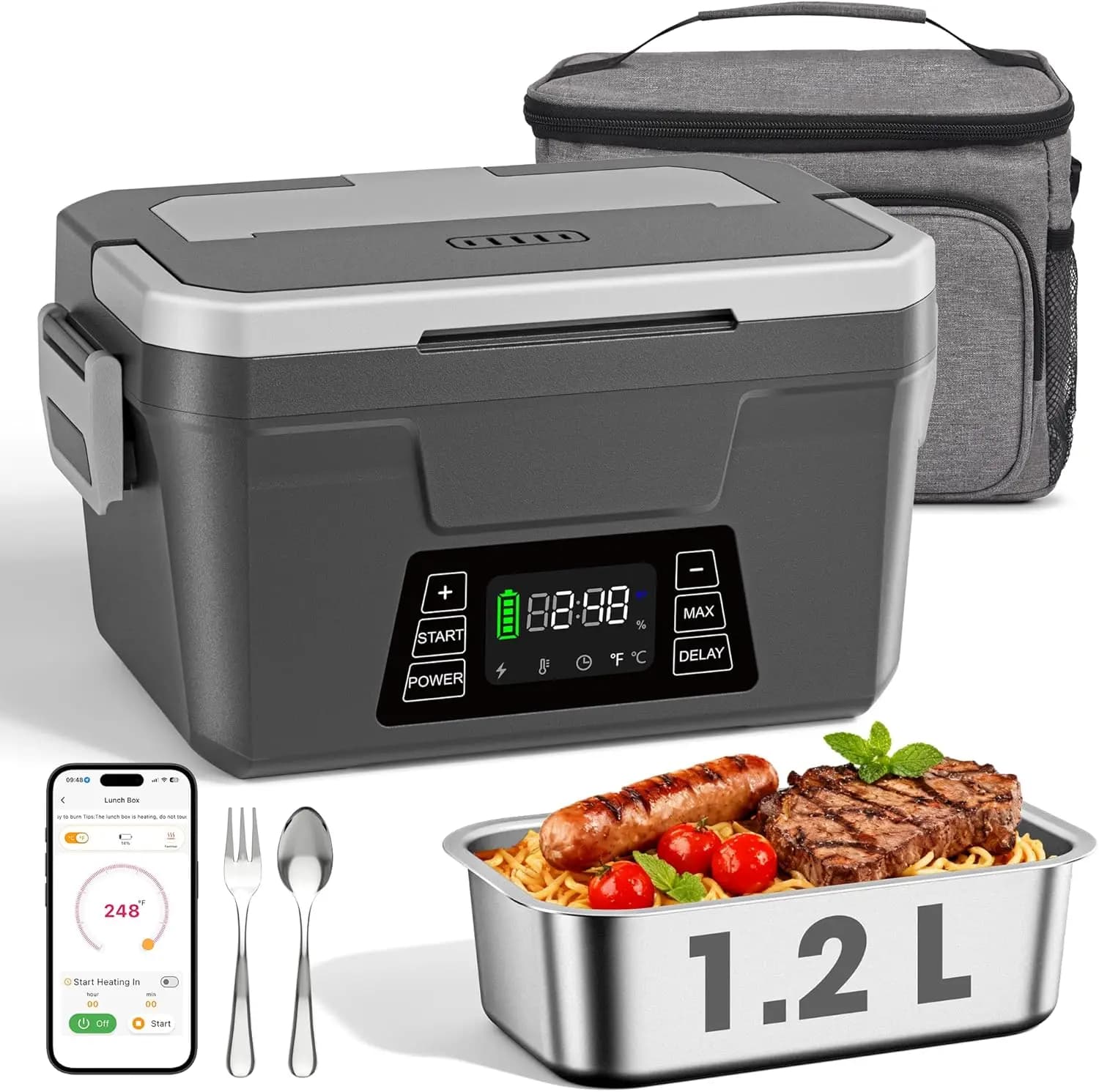 Lunch Box elettrico portatile con controllo tramite app, scaldavivande autoriscaldante da 1,2 litri per lavoro e viaggi, design resistente alle perdite