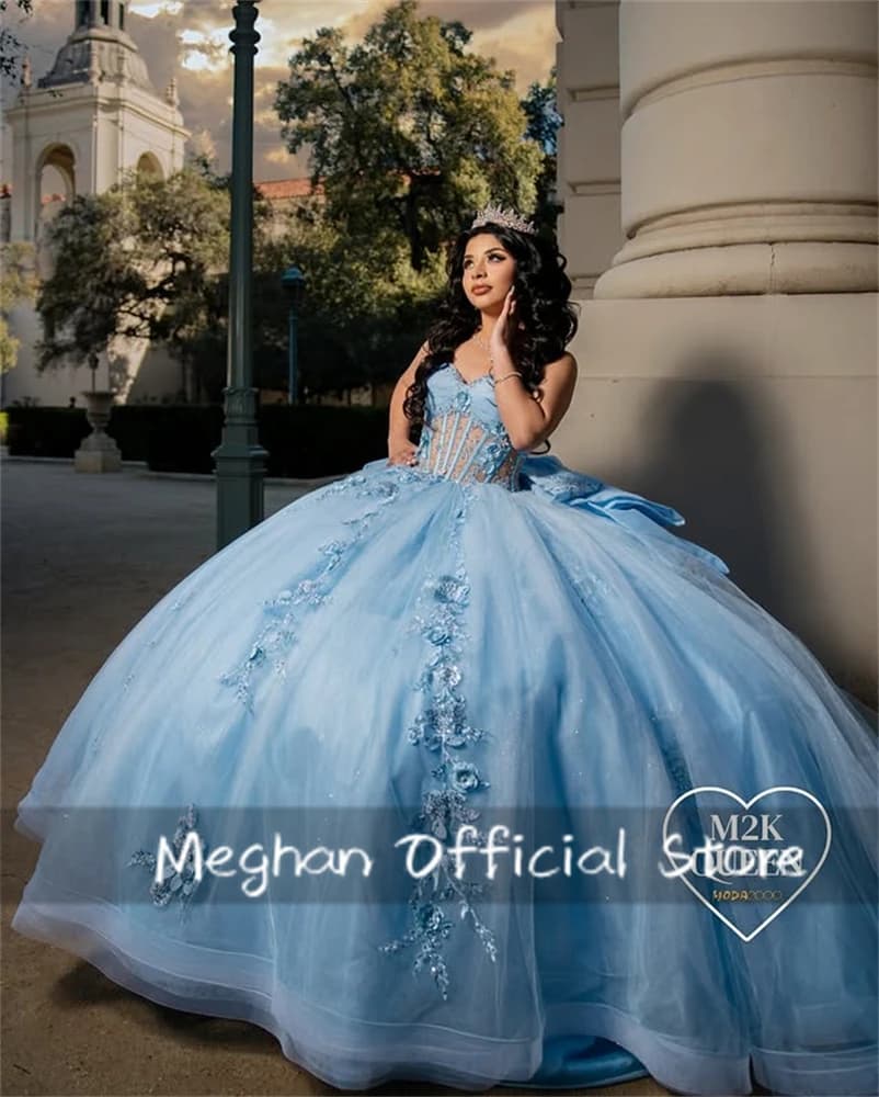 Personalizzato Cielo Blu Abito Quinceanera Abito di Sfera Applique di Pizzo In Rilievo di Cristallo Compleanno Arco Corsetto Dolce 16 Abiti Da 15 Anos