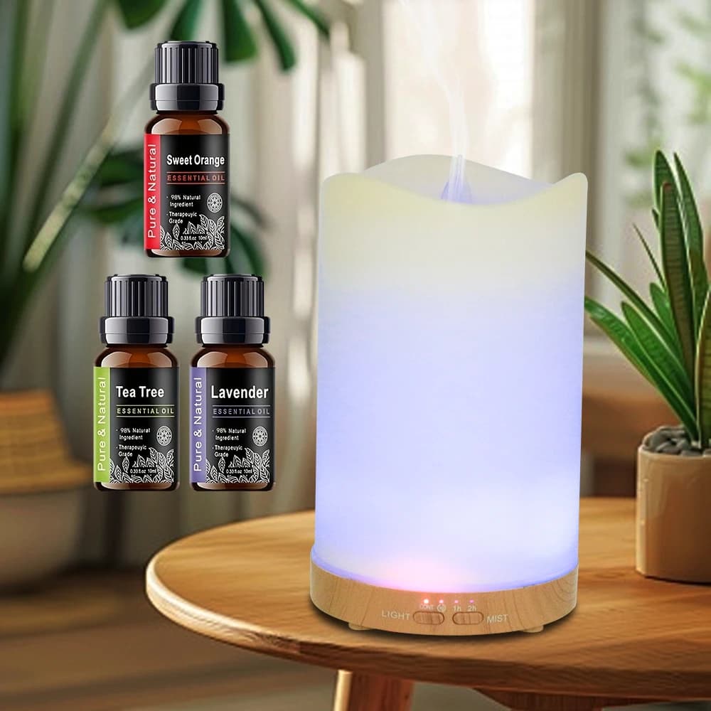 Essential Oil Diffuser for Candle Shape Bedroom, Ultrasonic Humidifier with Timer and 7 Color Atmosphere Light, Includes 3 Oils