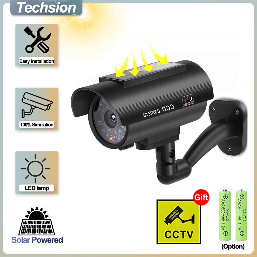 Solar Panel Dummy Surveillance Camera Outdoor Fake Cam Waterproof Simulation CCTV Indoor Bullet LED Light Monitor Home Security