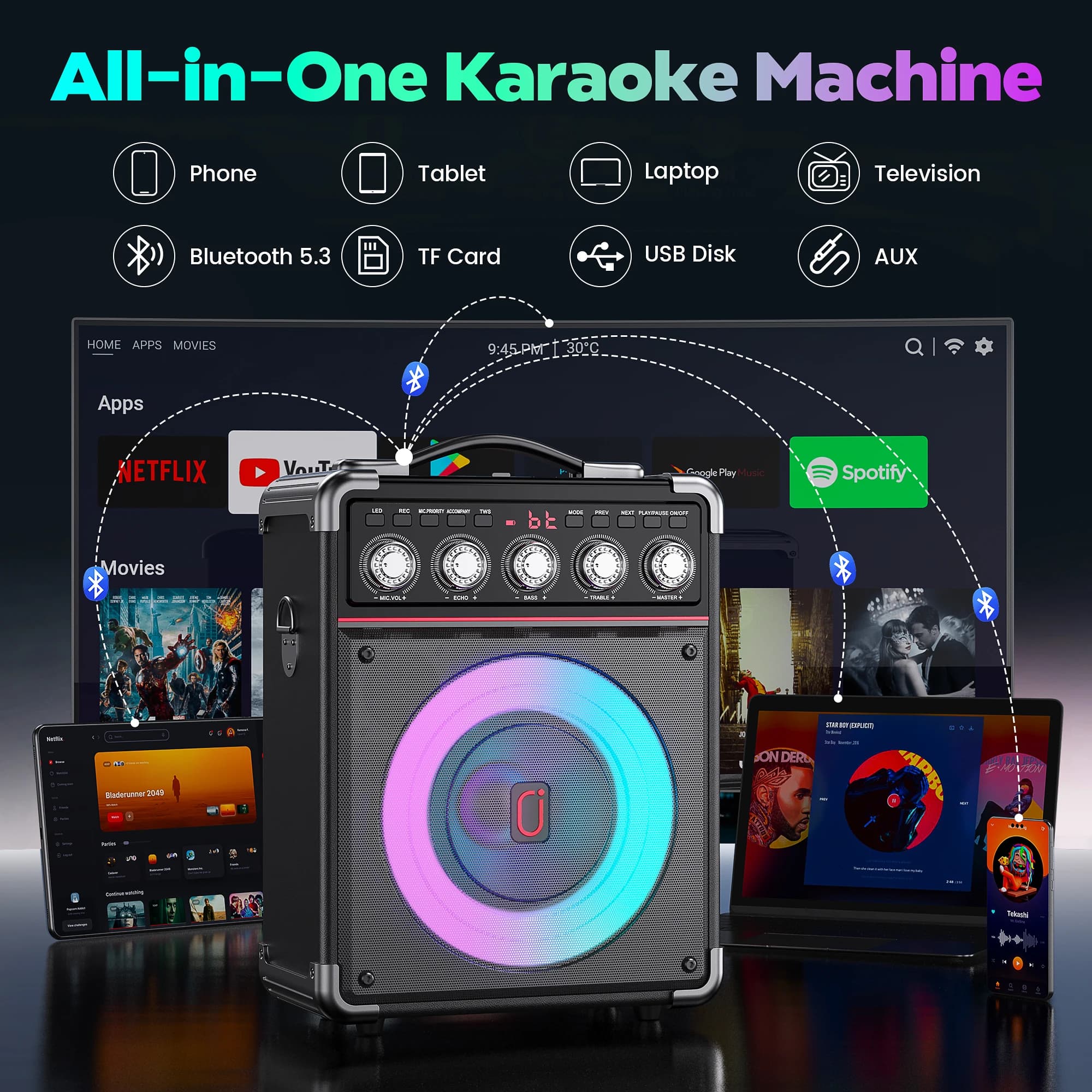TX05 Macchina per karaoke con 2 microfoni, altoparlante per karaoke Bluetooth con luce LED, set di sistemi per karaoke domestici, TX05