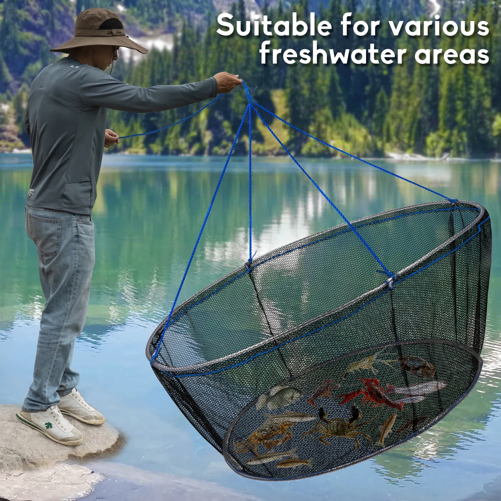 Rete da Pesca Pieghevole 100cm per Gamberi, Granchi e Gamberetti, per Uso Verticale da Riva, Molo, Fiume o Laghetto