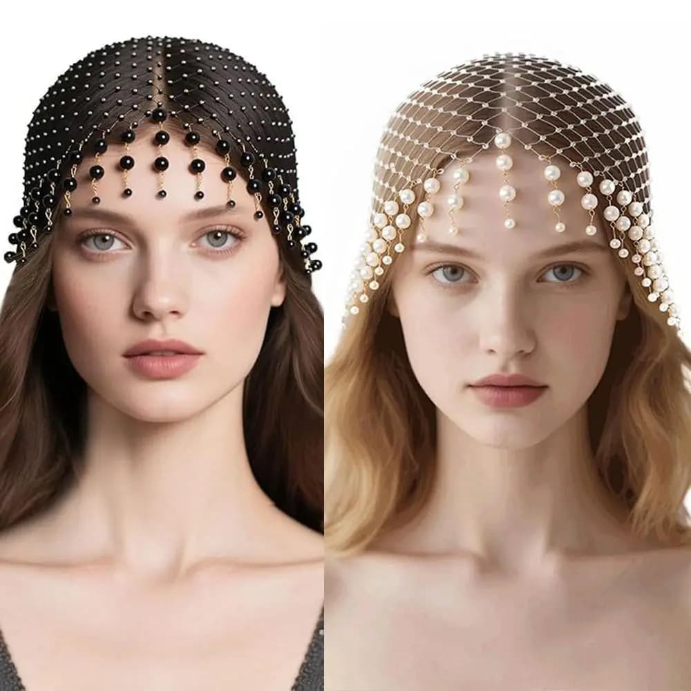 New Soft And Secure Pearls Tassels Hair Hat Handmade Hollow Out Designs Pearls Tassels Headwear Exquisite Women Hat For Ladies