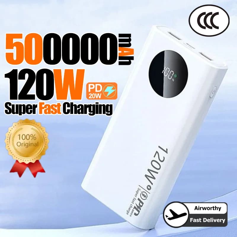 500000mAh Power Bank 120W Super Fast Charging PD20W Dual Way Digital Display Airplane Safe CCC For iPhone Samsung Xiaomi