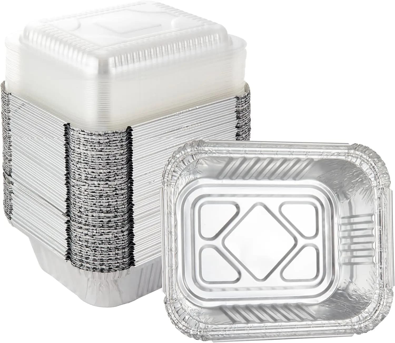 Contenitori in Alluminio 5.5"x4.5" Confezione da 50 con Coperchi, Vaschette Monouso per Alimenti, Preparazione Pasti, Congelatore, Barbecue