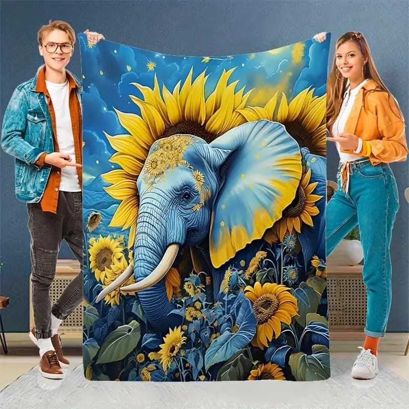 Blue elephant and sunflower pattern Flannel printed blanket suitable for all seasons suitable living room office sofa and travel