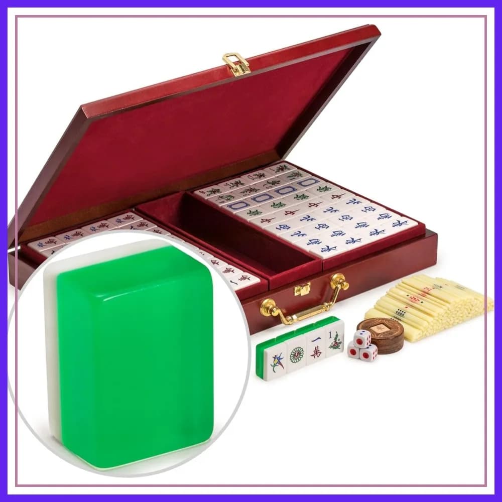Set Classico di Mahjong Cinese, 148 Tessere Verdi Traslucide di Medie Dimensioni, Valigetta in Legno