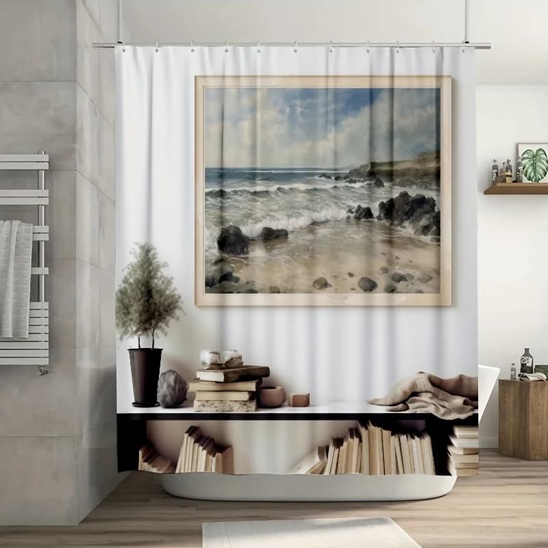 Tenda da doccia Ocean Waves, poliestere resistente, facile da pulire, con ganci per l'arredamento della finestra della vasca da bagno, tema spiaggia