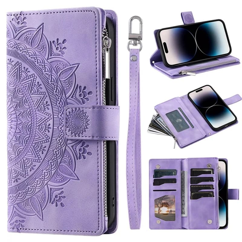 Luxury zippered wallet case for iPhone 14 15 16 17 Pro Max Air 16E 13 12 11 Pro XR XS 7 8 SE Phone bag with embossed leather card slot