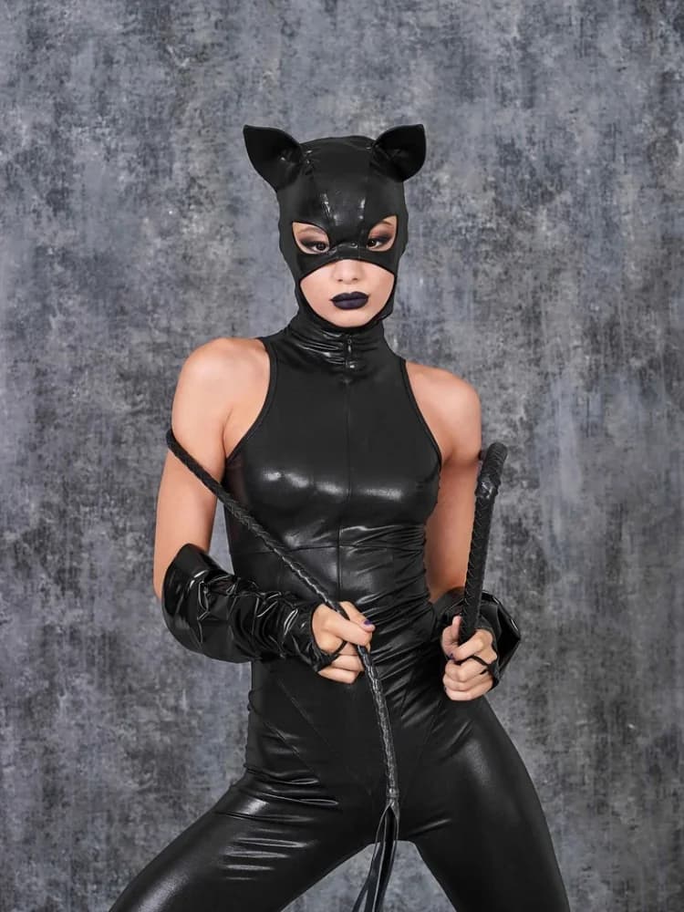 Halloween Slave Maschera mezza faccia in pelle nera unisex per adulti con occhi esposti Cinghie per cappuccio Bondage completo per tutto il corpo Copricapo Gioco di ruolo