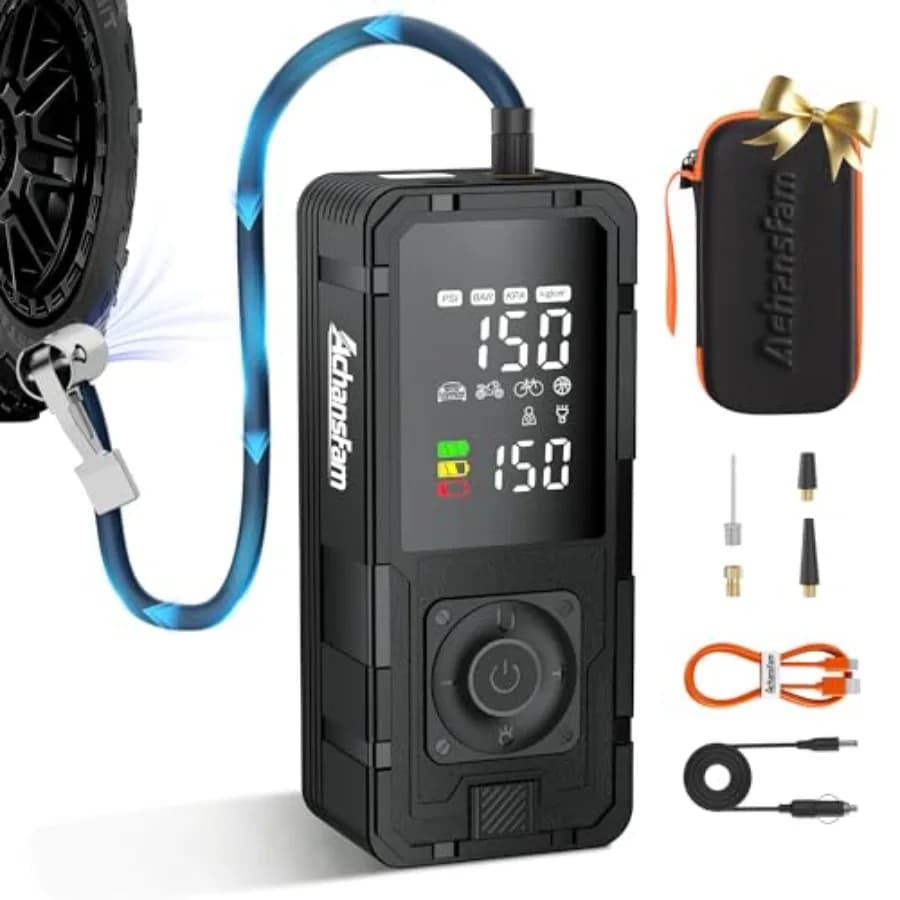 Compressore d'aria portatile per gonfiaggio pneumatici P10 con gonfiaggio rapido 33s Pompa a batteria da 20 tubi flessibili 150PSI con doppia alimentazione Digi