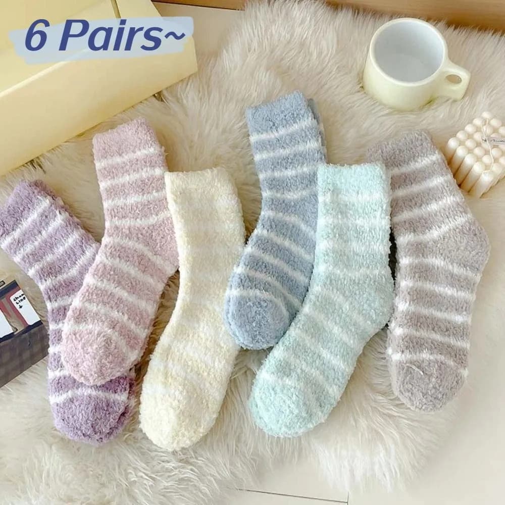 6 paia di calzini in pile corallo a righe dolci patchwork peluche addensare calzini di velluto calze morbidi calzini per dormire autunno/inverno