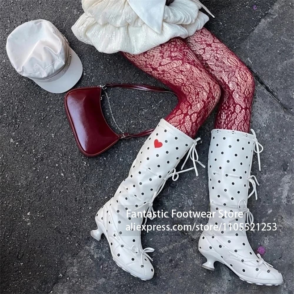 Polka Dot Heart Print Knee High Boots Side Bow Lace Up Low Spool Heel Round Toe White Sweet Casual Fashion Dress Shoes for Women