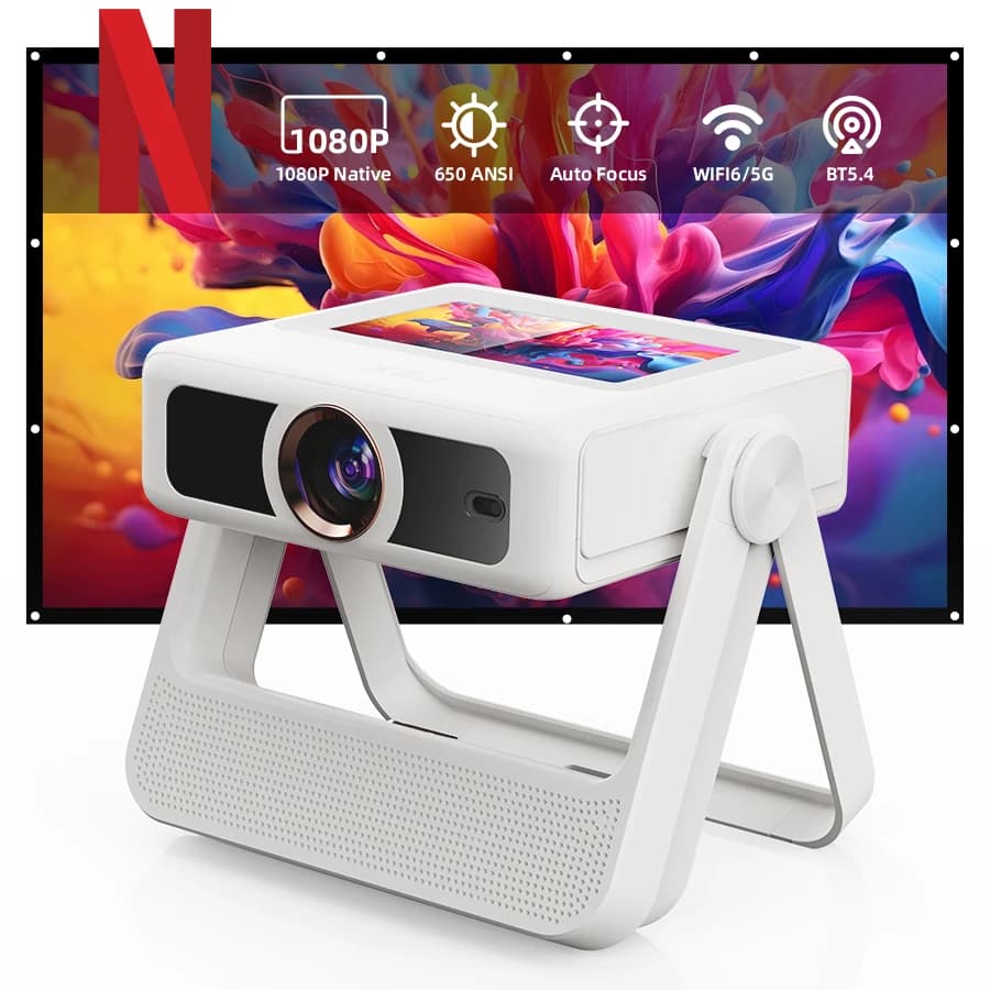 Proiettore Smart XBJ A5Pro 1080p con Schermo, Wifi6, BT5.2, Autofocus, Proiettore Portatile 4k per Home Cinema, Uso Interno ed Esterno