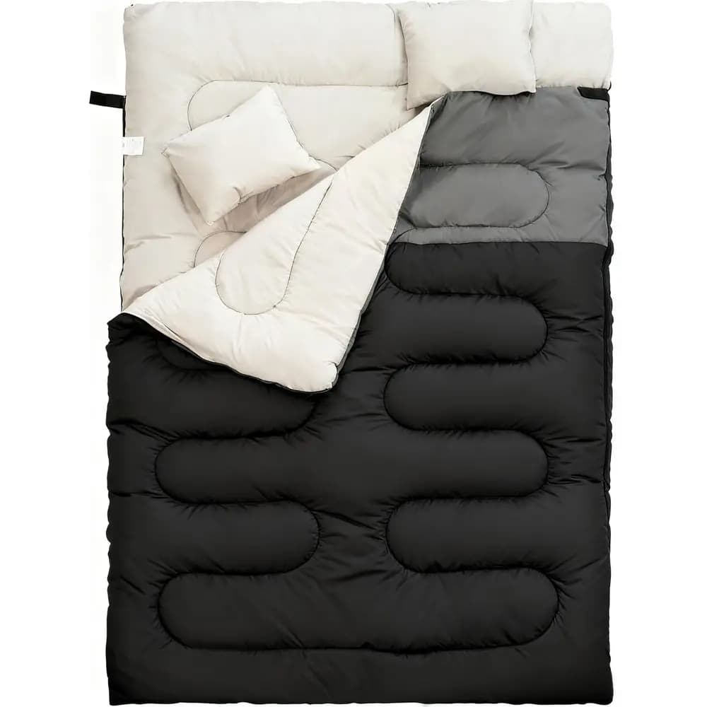 Sacco a Pelo Doppio con 2 Cuscini per Adulti, Sacco a Pelo Queen Size XL Impermeabile, Compatto con Sacca di Compressione, per 2 Persone