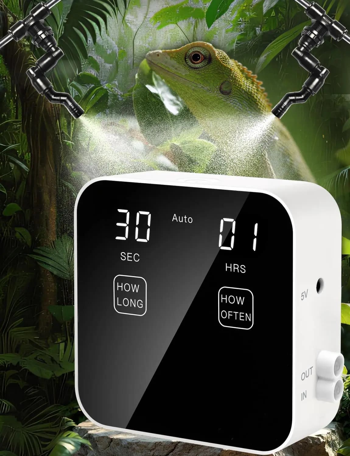 Umidificatore nebulizzatore per rettili con sistema di spruzzatura automatico della foresta pluviale con timer e ugelli per nebbia fine, protezione contro la carenza d'acqua