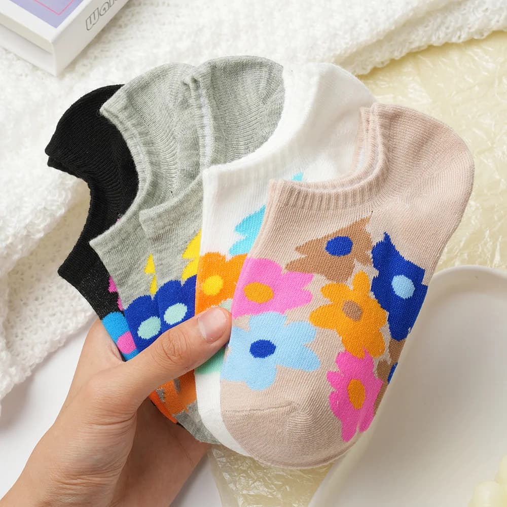 5 Pairs Women's Socks Set Korean Colorful Flower Graffiti Cute Kawaii Fashionabhle Versatile Shallow Anti Slip Ankle Socks Girl