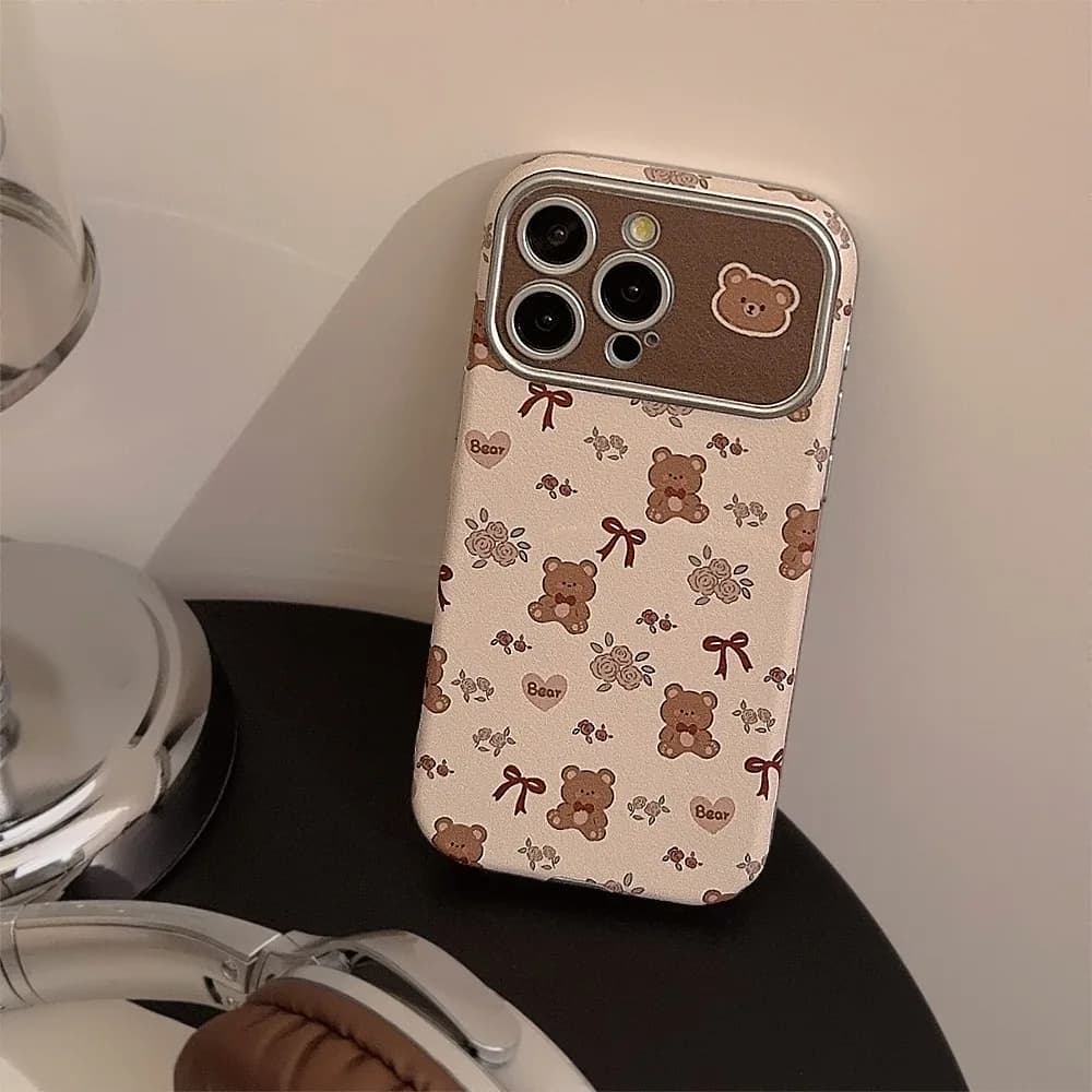 Korean phone case with leather texture with cute bear flowers cartoon for iPhone 17 16 15 14 13 12 11 Pro Max Protective shockproof case