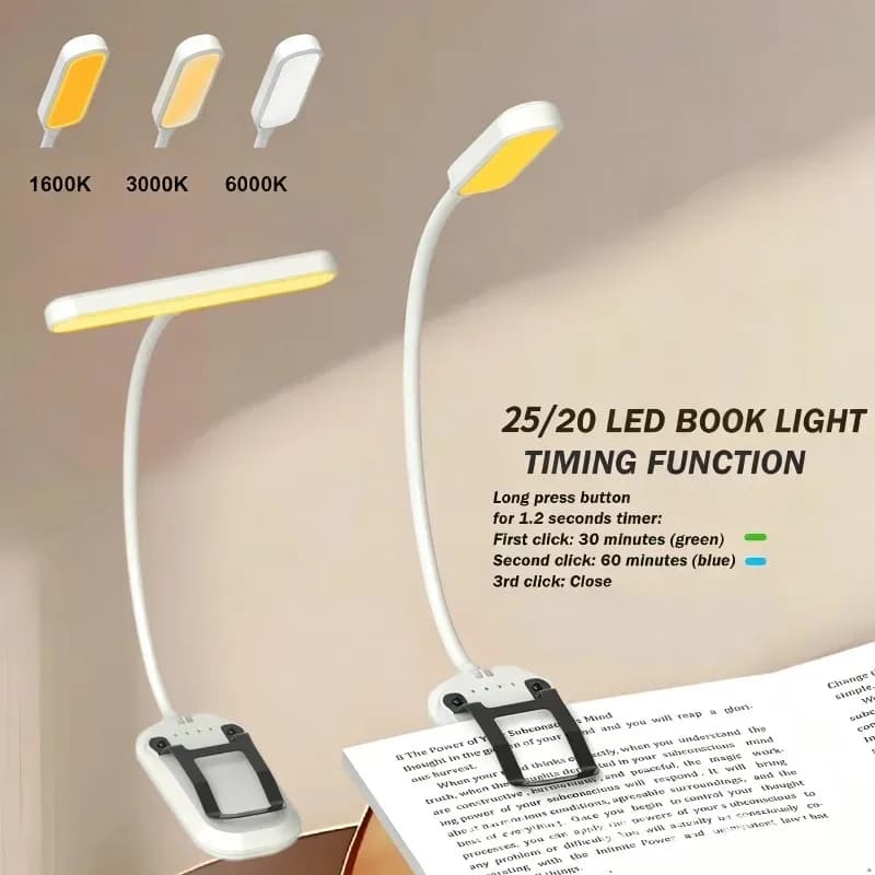 Luce da Lettura a 20/25 LED con Controllo Touch, 3 Colori e 5 Livelli di Luminosità, Ricaricabile USB, Clip per Libri/Luce Notturna da Scrivania