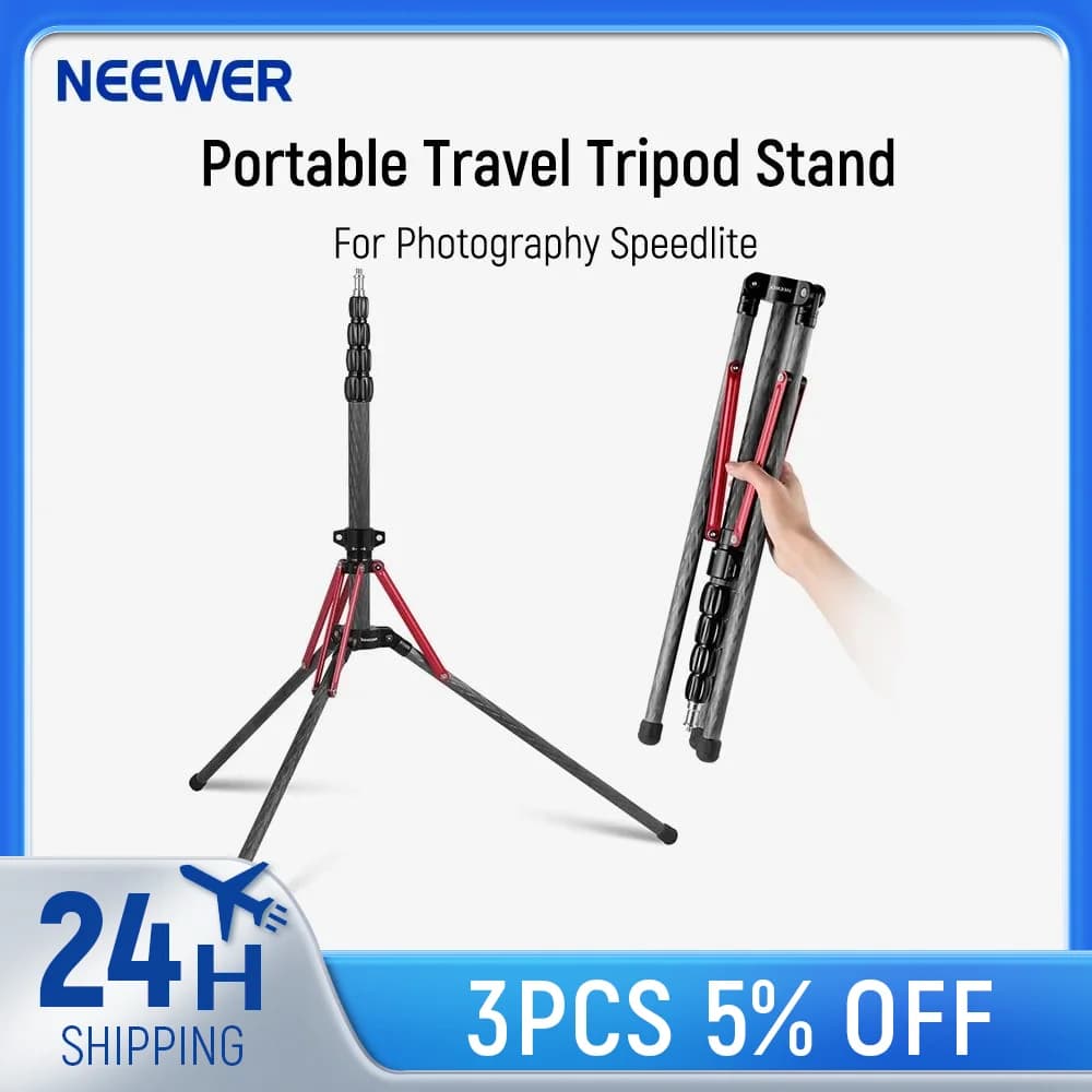 Supporto per luce NEEWER in fibra di carbonio con gambe reversibili a 180 °, adattatore per vite da 1/4 "-3/8" e borsa, treppiede da viaggio portatile da 86, 5 pollici/220cm