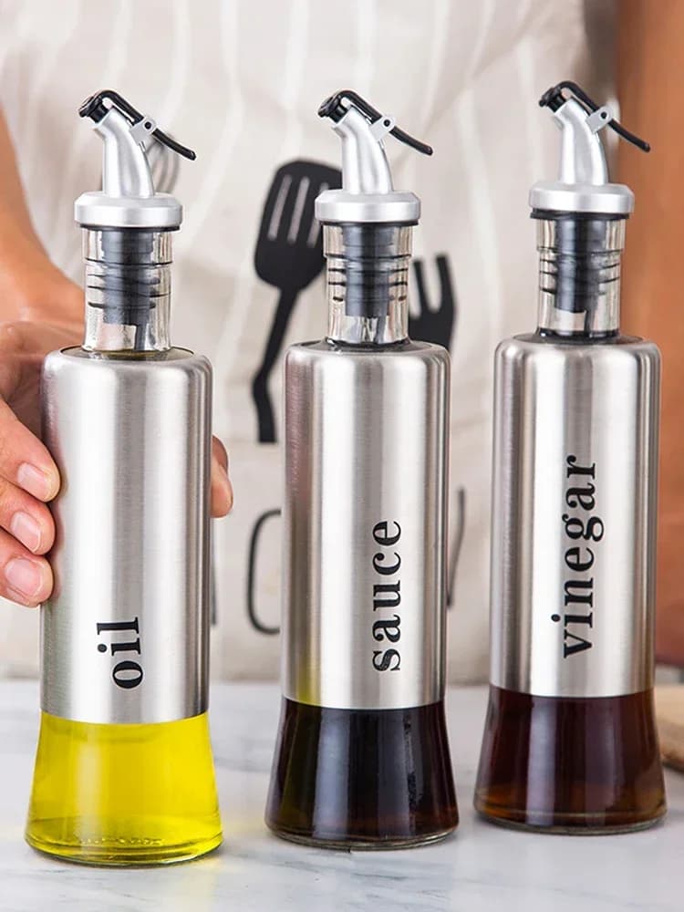 300ML Olive Oil Dispenser Bottle Glass Stainless Steel Oil and Vinegar Cruet Oil Dispenser Cruet Set Kitchen Accessories