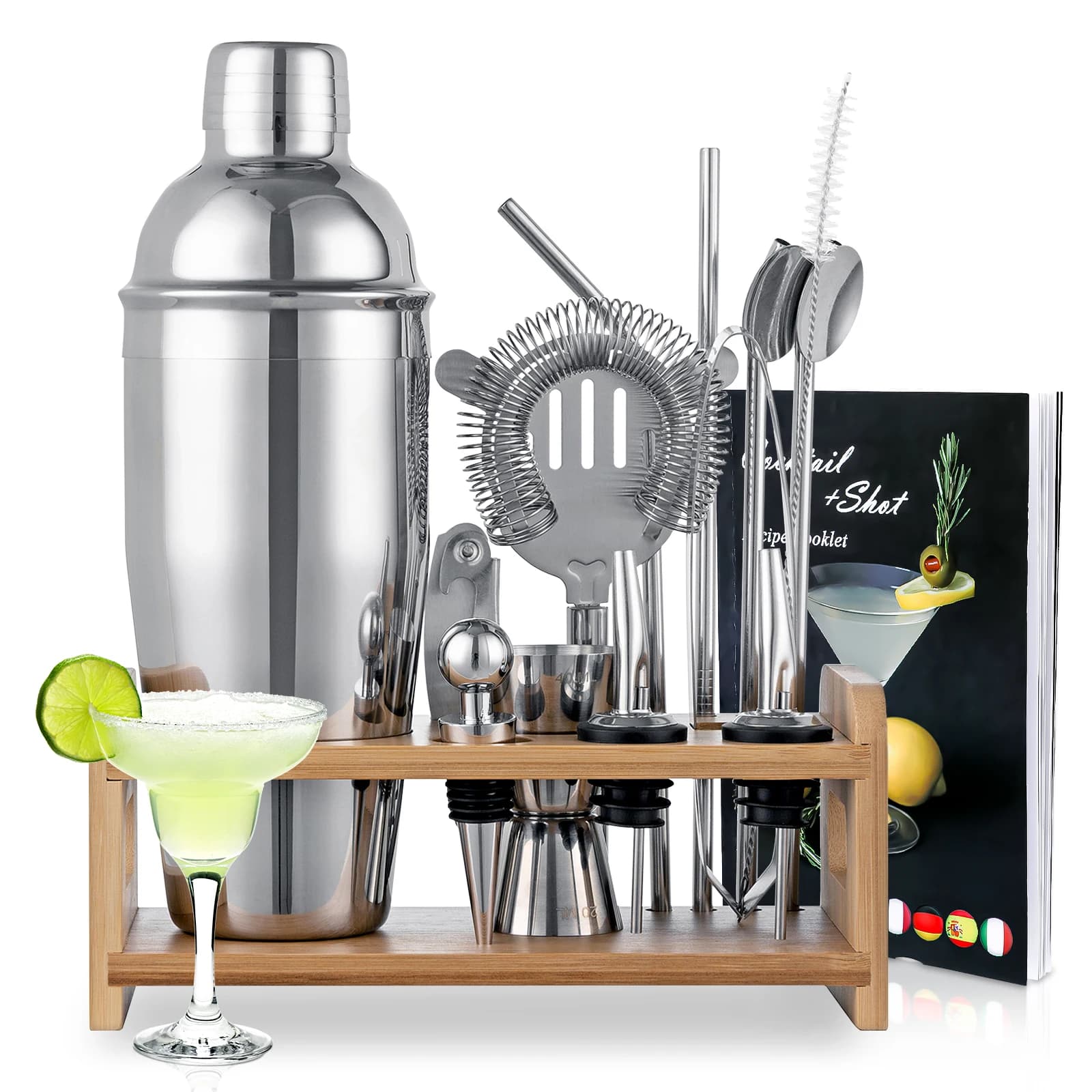 Set da Cocktail 14 Pezzi, Shaker da 750ml/25oz, Colino, Beccucci Versatori, Jigger, Cucchiaio Miscelatore, Apribottiglie con Supporto per Casa