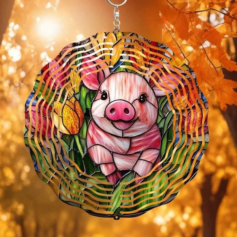 2D Flat Bohemian Metal Pig Flower Dreamcatcher Windmill, 10 Inch Stained Glass Wall Art, Weatherproof Patio Decor for Christmas