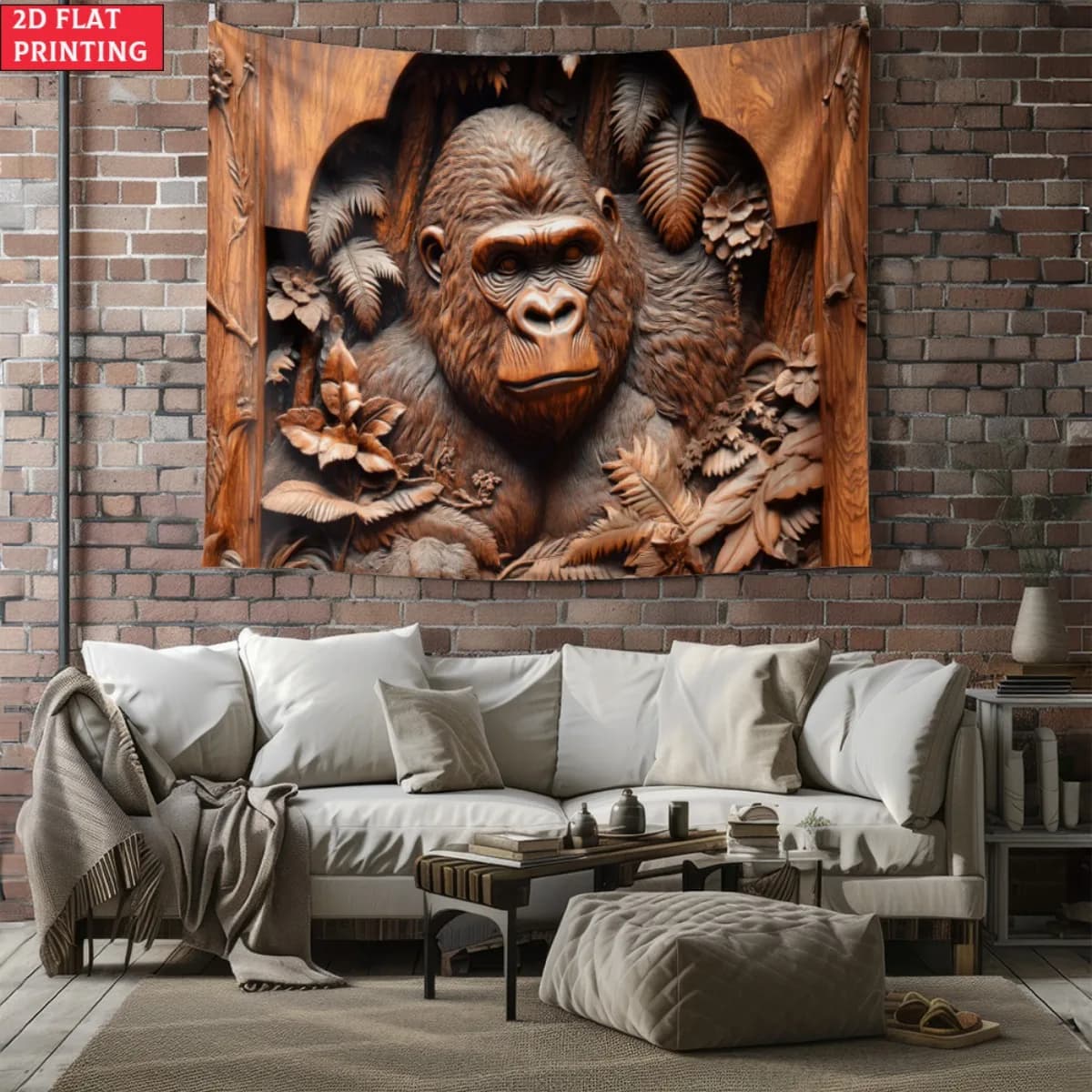 Wood Carved Gorilla Wildlife Wall Tapestry 3D Effect Animal Art Jungle Decor