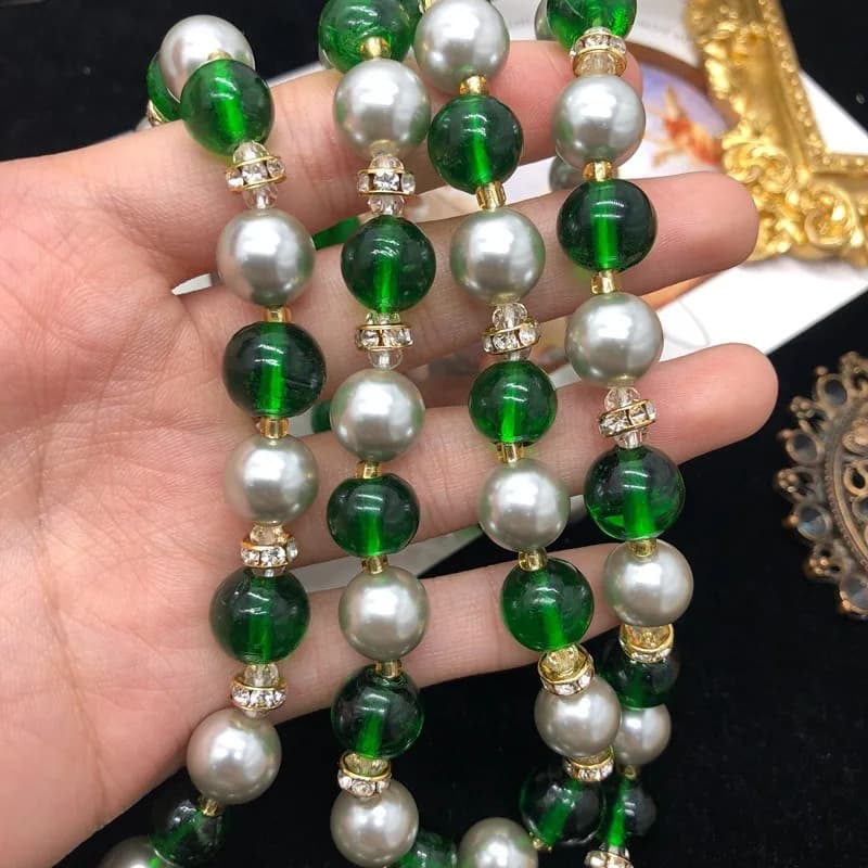 Perle smaltate color smeraldo medievali, collana lunga di perle, anello con gemma, catena per maglione, orecchini con diamanti, versatile