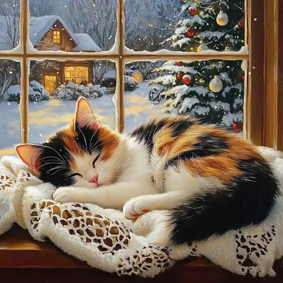 DIY Winter Window Sleeping Calico Cat Diamond Painting, Christmas Snowy Cabin Pine Tree Lace Pillow Warm Animal Wall Decor Gift
