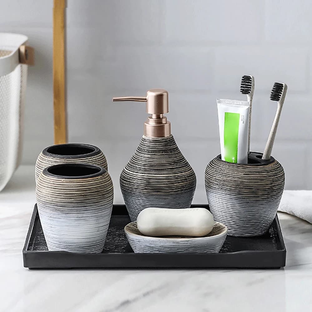 Set di accessori da bagno in ceramica, dispenser di sapone da 5 pezzi con vassoio, portaspazzolino, portasapone, organizer per il bagno, arredamento