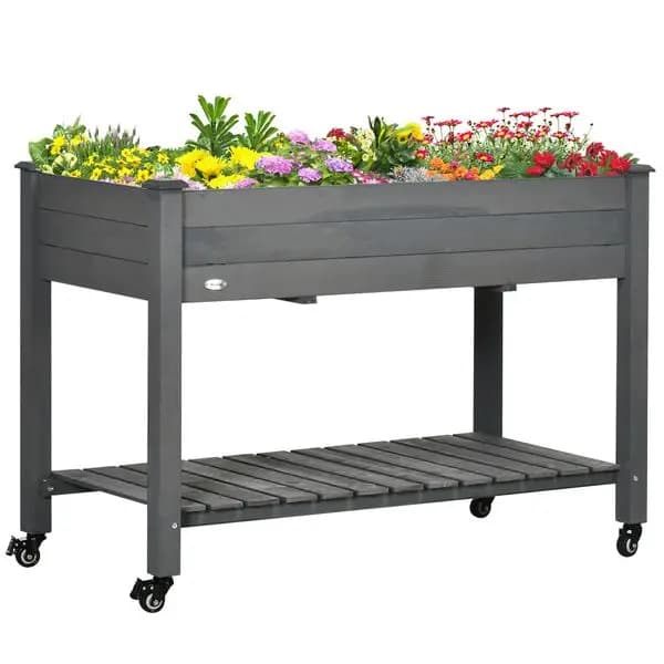 Outsunny 47' x 21' raised garden bed raised wooden planter with lockable wheels, backyard shelf, dark grey