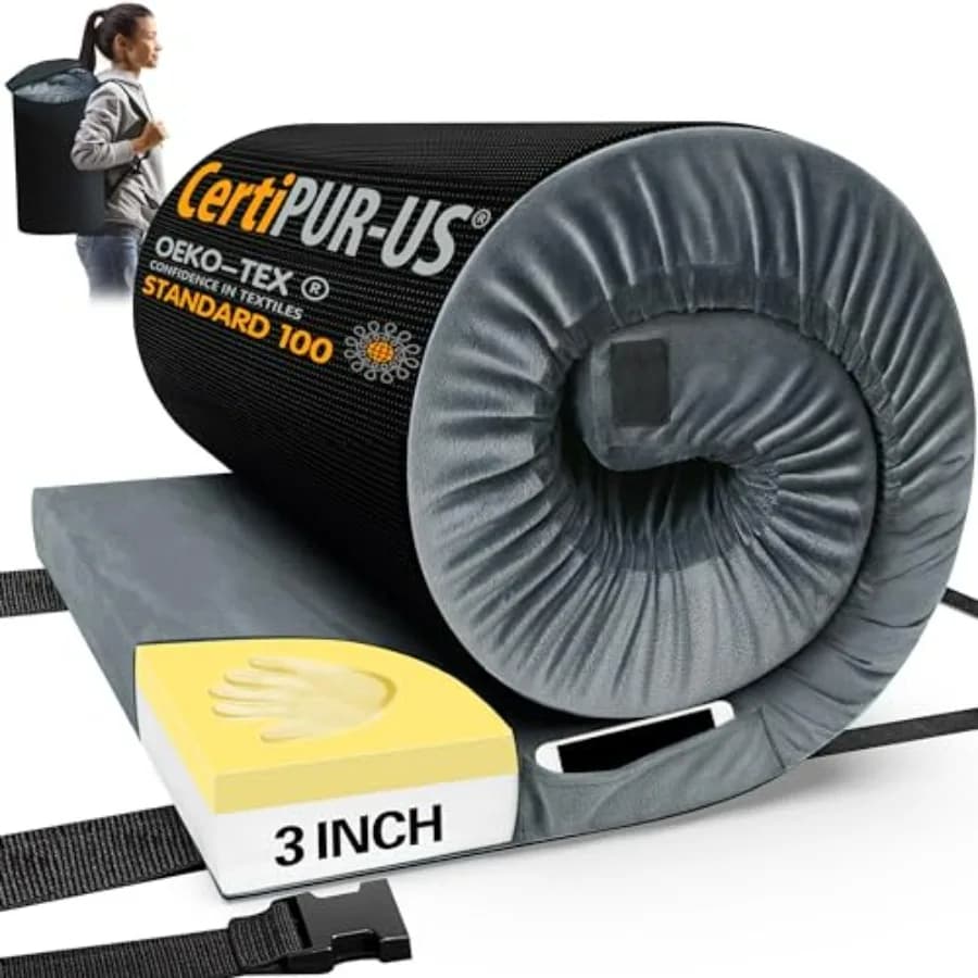 Outdoor camping mattress and car beds: memory foam, CertiPUR-US certified, portable roll-out design with travel case