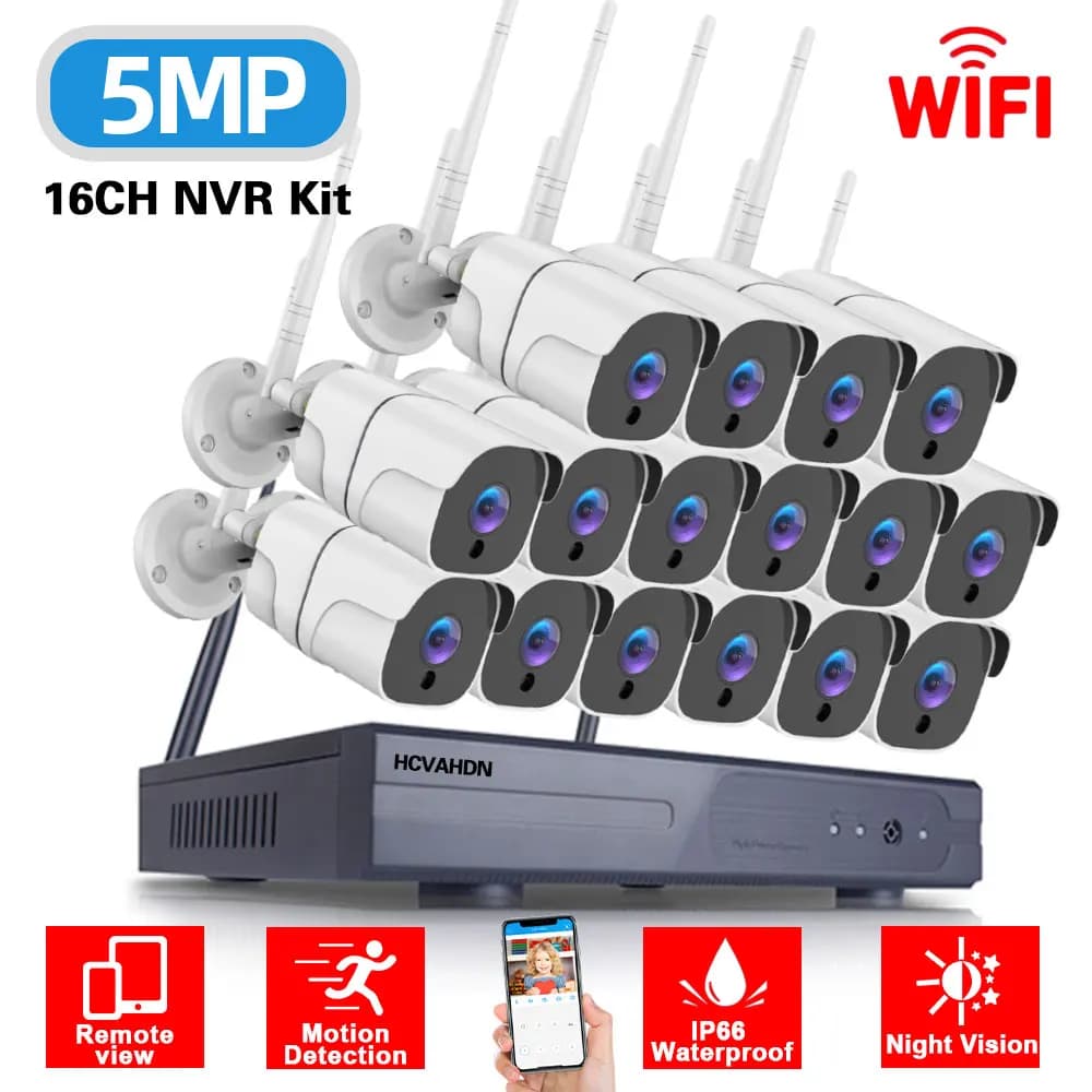 Kit NVR WiFi a 16 Canali con Telecamere IP di Sicurezza da Esterno Impermeabili da 5MP, Set Wireless WiFi con 8 Telecamere CCTV, Sistema di Videosorveglianza